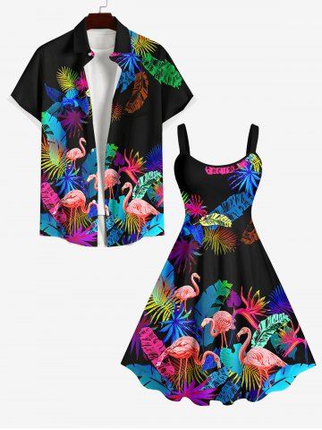 Coconut Tree Leaf Flamingo Print Tank Dress and Button Pocket Shirt Plus Size Matching Hawaii Beach Outfit for Couples