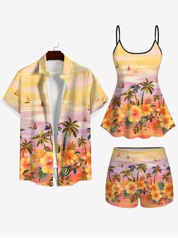 Coconut Tree Flower Sea Sailboat Print Boyleg Tankini Swimsuit and Button Pocket Shirt Plus Size Matching Hawaii Beach Outfit for Couples