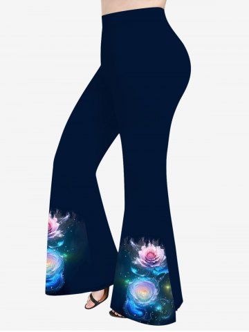 Plus Size Rose Flower Glitter 3D Print Flare Pants - BLACK - 6X