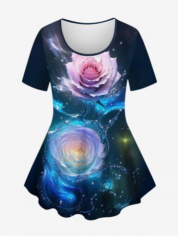 Plus Size Galaxy Rose Flower Glitter 3D Print T-shirt - BLACK - S