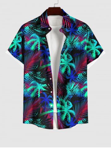 Hawaii Plus Size Coconut Tree Palm Leaf Print Buttons Pocket Shirt For Men - BLACK - L