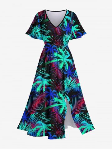 Hawaii Plus Size Coconut Tree Palm Leaf Print Split Dress - BLACK - S