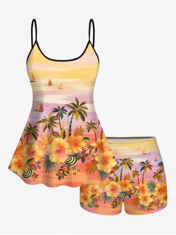 Hawaii Plus Size Coconut Tree Flower Sea Sailboat Print Boyleg Tankini Swimsuit (Adjustable Shoulder Strap) - LIGHT ORANGE - XS