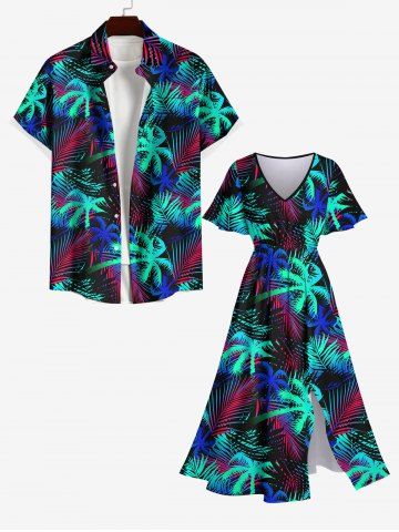 Coconut Tree Palm Leaf Print Plus Size Matching Hawaii Beach Outfit for Couples