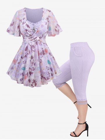 Floral Print Hot Stamping Twist Surplice Ruffles 2 In 1 Blouse and Hollow Out Lace Trim Textured Capri Leggings Plus Size Summer Outfit
