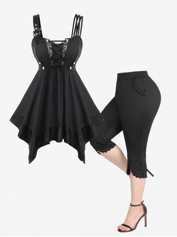 Lace Up PU Leather Patchwork Asymmetrical Tank Top and Lace Trim Rivet Split Capri Leggings Plus Size Summer Outfit - BLACK