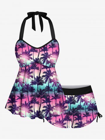 Hawaii Halter Coconut Tree Ombre Print Cinched Boyleg Tankini Swimsuit - PURPLE - XS