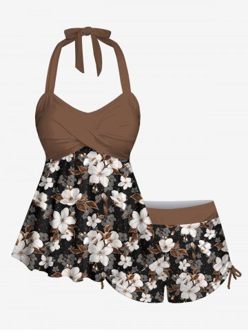 Fashion Floral Print Twist Backless Halter Cinched Boyleg Tankini Swimsuit (Adjustable Shoulder Strap) - COFFEE - XS