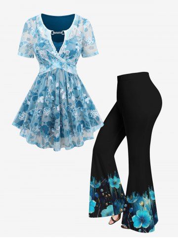 Chain Panel Embroidery Floral Mesh Crisscross Top and Flowers Glitter 3D Print Flare Pants Plus Size Matching Set - BLUE