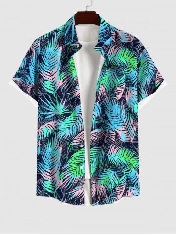 Plus Size Palm Tree Leaf Print Buttons Pocket Shirt For Men - BLACK - S