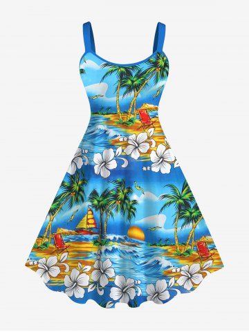 Plus Size Coconut Tree Beach Floral Sea Wave Sailboat Print Backless A Line Tank Dress - LIGHT BLUE - XS