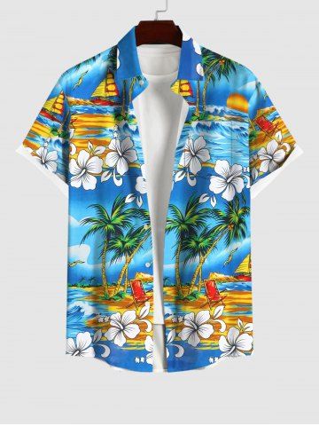 Plus Size Coconut Tree Beach Floral Sea Wave Sailboat Print Button Pocket Shirt For Men - LIGHT BLUE - L