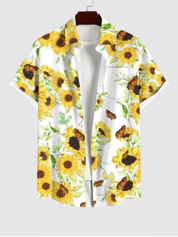 Plus Size Sunflower Leaf Butterfly Print Buttons Pocket Shirt For Men - WHITE - S