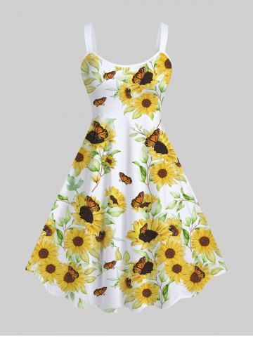 Plus Size Sunflower Leaf Butterfly Print Tank Dress - WHITE - XS