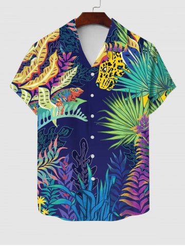 Plus Size Seaweed Waterweed Chameleon Leopard Underwater World Print Button Hawaii Sea Creatures Shirt For Men - DEEP BLUE - XS