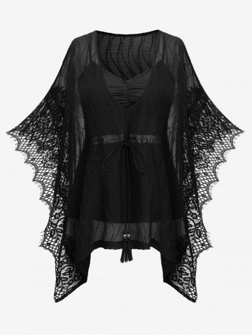 Plus Size Ruched Lace Trim Cami Top and Tassel Jacquard Crepe Butterfly Sleeves Blouse - BLACK - M | US 10