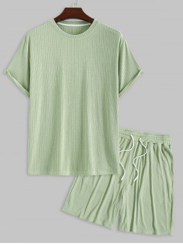 Men's Ribbed Textured Solid Color Basic Plain Short Sleeves T-shirt and Drawstring Casual Pockets Shorts Set - LIGHT GREEN - M