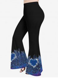 Pantalon Evasé 3D Cœur Brillant Imprimé de Grande Taille à Paillettes - Noir 3X