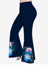 Pantalon Évasé à Imprimé Roses Brillantes 3D Grande-Taille - Noir 6X