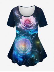 T-shirt 3D Rose Fleur Galaxie Imprimés de Grande Taille à Paillettes - Noir XS