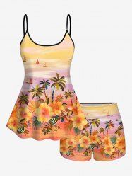 Hawaii Plus Size Coconut Tree Flower Sea Sailboat Print Boyleg Tankini Swimsuit (Adjustable Shoulder Strap) -  