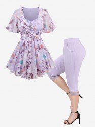 Floral Print Hot Stamping Twist Surplice Ruffles 2 In 1 Blouse and Hollow Out Lace Trim Textured Capri Leggings Plus Size Summer Outfit -  