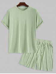 Ensemble de T-shirt de Base Court Décontracté Côtelé Texturé en Couleur Unie à Manches Courtes avec Cordon - Vert clair XXL