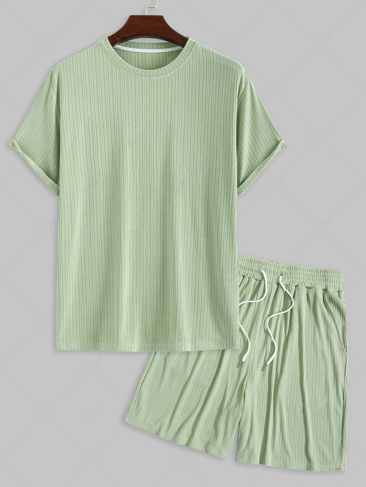 New Men's Ribbed Textured Solid Color Basic Plain Short Sleeves T-shirt and Drawstring Casual Pockets Shorts Set  
