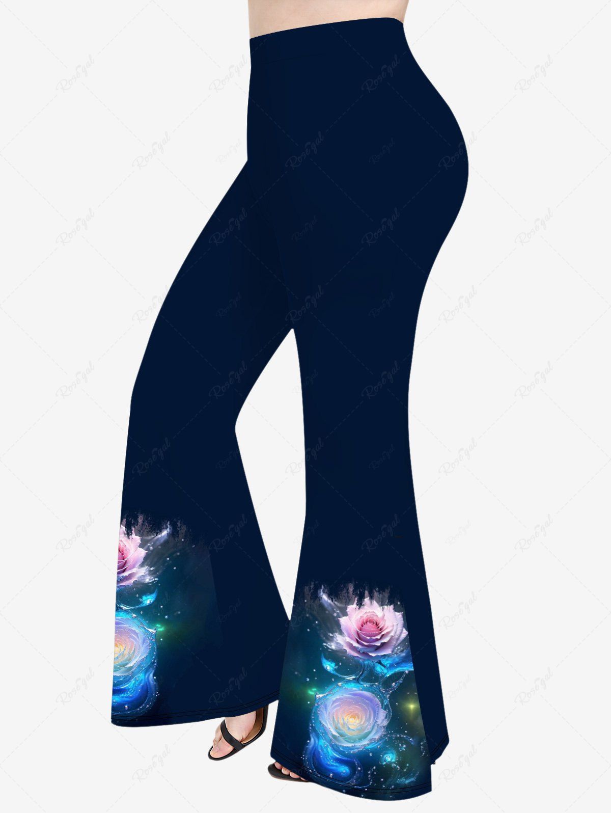 Pantalon Évasé à Imprimé Roses Brillantes 3D Grande-Taille Noir 1X