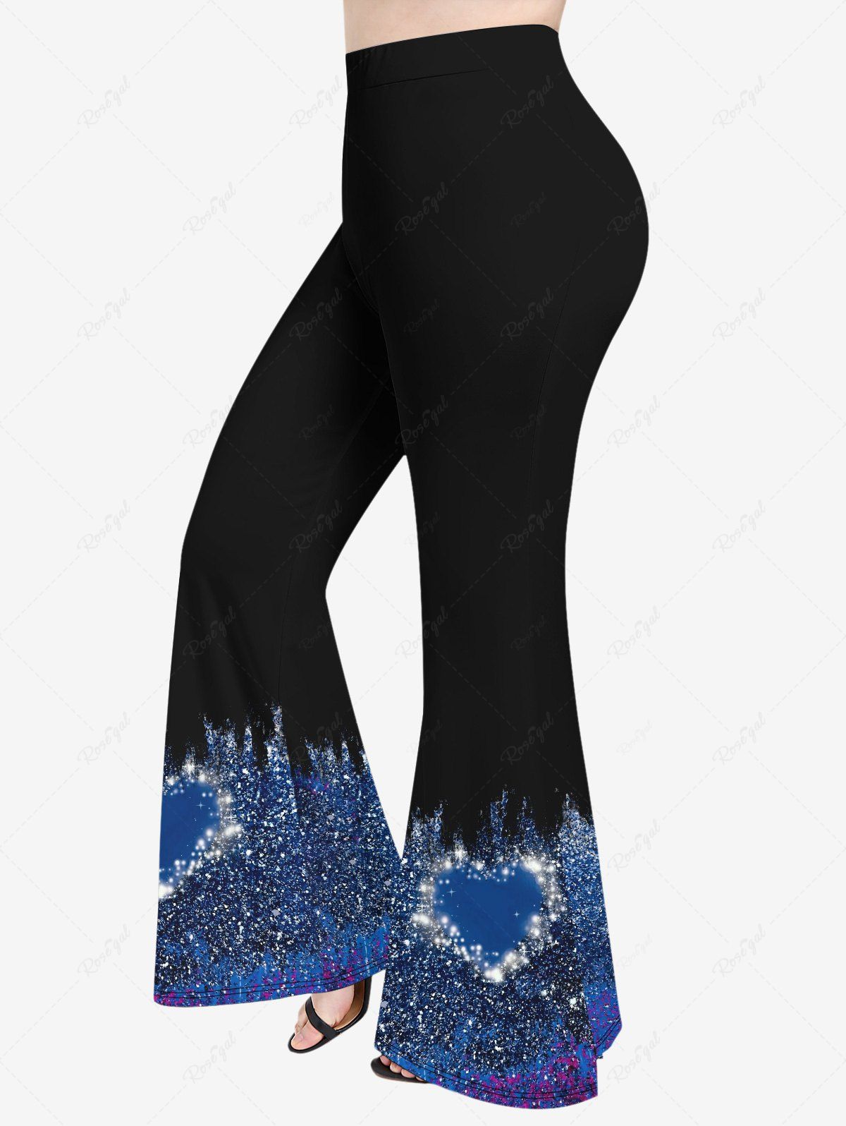 Pantalon Evasé 3D Cœur Brillant Imprimé de Grande Taille à Paillettes Noir 2X