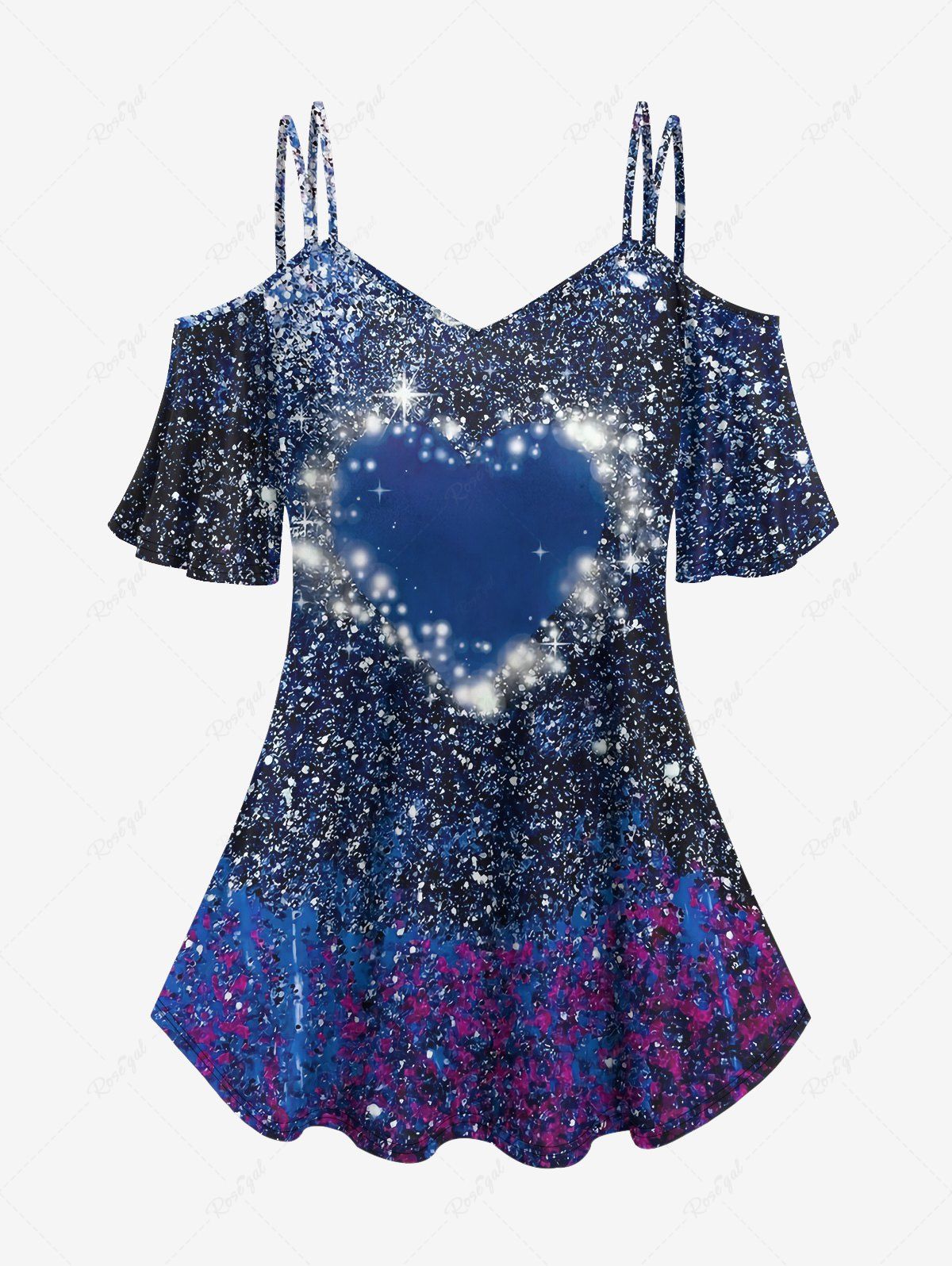 Trendy Plus Size Galaxy Heart Sparkling Sequin Glitter 3D Print Cold Shoulder T-shirt  