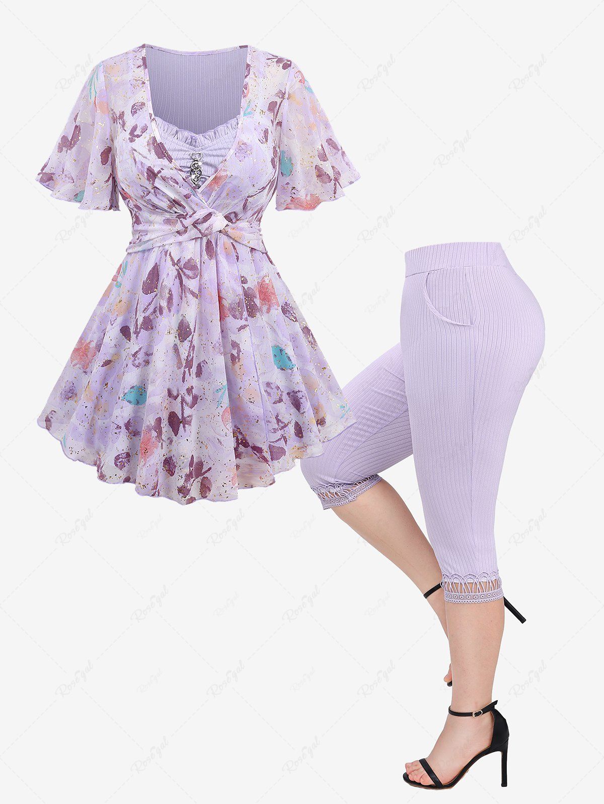 Online Floral Print Hot Stamping Twist Surplice Ruffles 2 In 1 Blouse and Hollow Out Lace Trim Textured Capri Leggings Plus Size Summer Outfit  