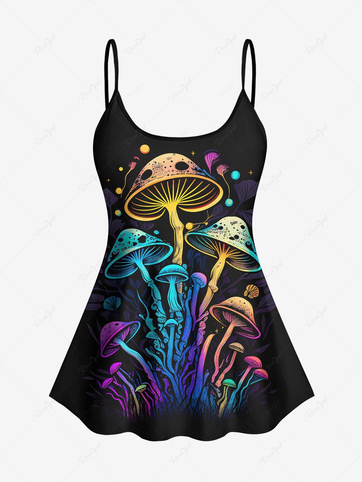 Haut Tankini Ombré Imprimé Champignon Coloré à Dos Nu Grande Taille (Réglable) Noir 5X