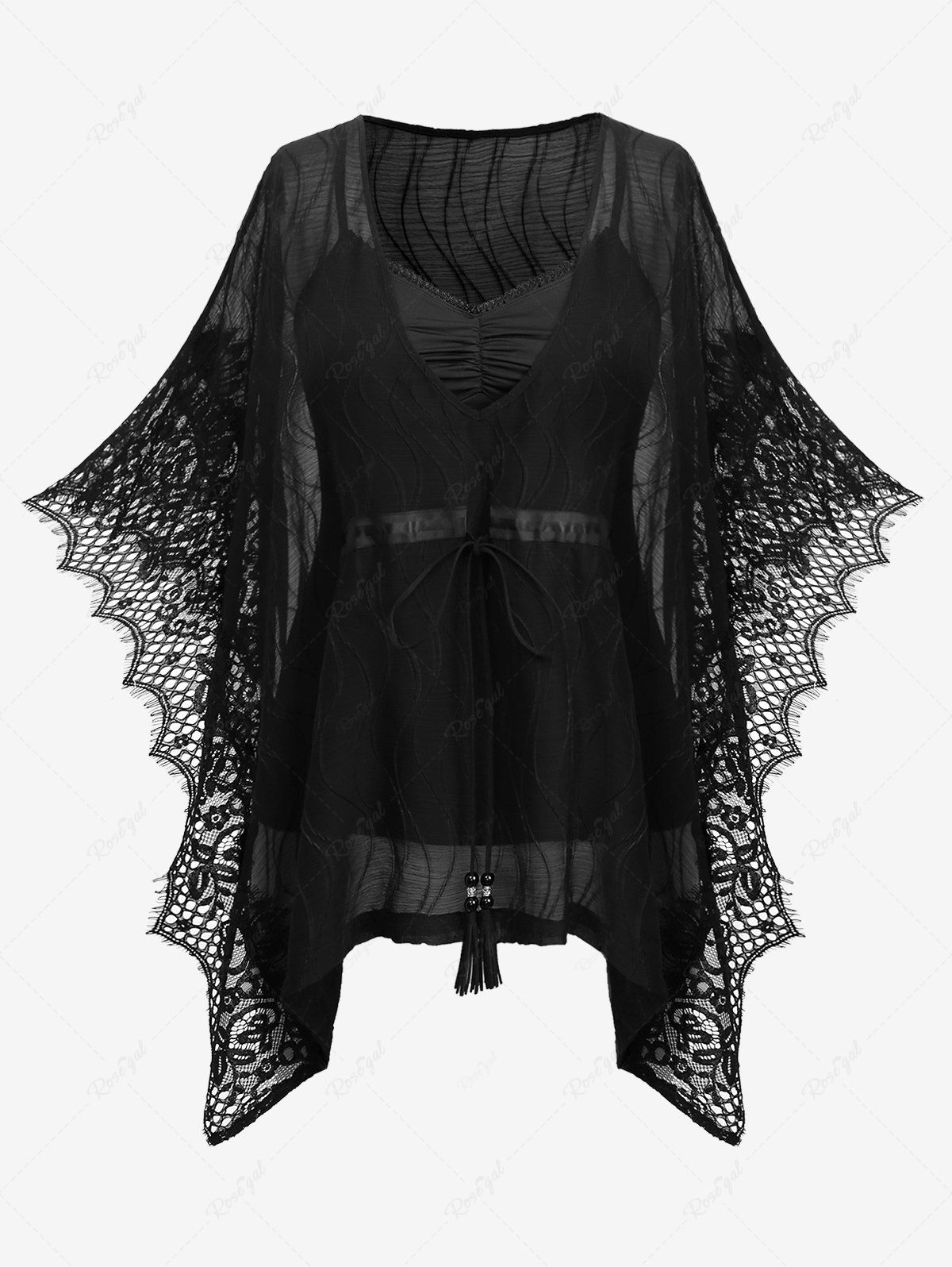 Discount Plus Size Ruched Lace Trim Cami Top and Tassel Jacquard Crepe Butterfly Sleeves Blouse  