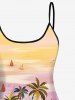 Hawaii Plus Size Coconut Tree Flower Sea Sailboat Print Boyleg Tankini Swimsuit (Adjustable Shoulder Strap) -  
