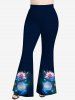 Pantalon Évasé à Imprimé Roses Brillantes 3D Grande-Taille - Noir 6X