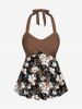 Fashion Floral Print Twist Backless Halter Cinched Boyleg Tankini Swimsuit (Adjustable Shoulder Strap) -  