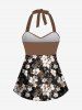 Fashion Floral Print Twist Backless Halter Cinched Boyleg Tankini Swimsuit (Adjustable Shoulder Strap) -  