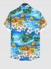Plus Size Coconut Tree Beach Floral Sea Wave Sailboat Print Button Pocket Shirt For Men -  