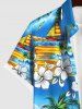 Plus Size Coconut Tree Beach Floral Sea Wave Sailboat Print Button Pocket Shirt For Men -  