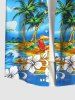 Plus Size Coconut Tree Beach Floral Sea Wave Sailboat Print Button Pocket Shirt For Men -  