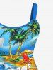 Plus Size Coconut Tree Beach Floral Sea Wave Sailboat Print Backless A Line Tank Dress -  