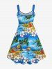 Plus Size Coconut Tree Beach Floral Sea Wave Sailboat Print Backless A Line Tank Dress -  