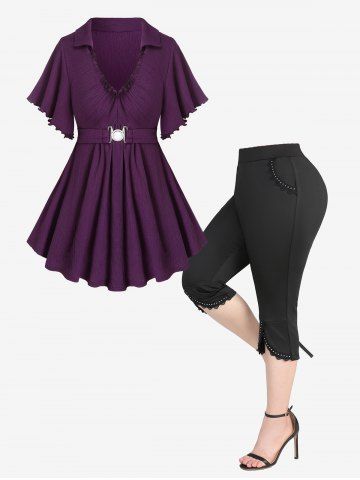 Buckle Ruched Butterfly Sleeve T-Shirt and Rivet Lace Trim Pockets Tulip Hem Split Leggings Plus Size Matching Set