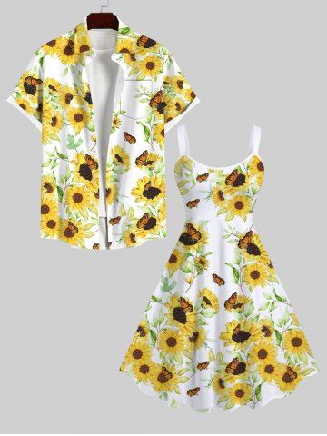 Sunflower Leaf Butterfly Print Tank Dress and Buttons Pocket Shirt Plus Size Matching Hawaii Beach Outfit for Couples - WHITE