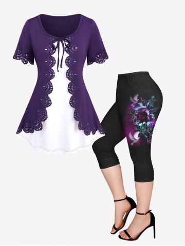 Floral Scalloped Cut Hollow Out Tie 2 In 1 T-shirt and Flower Cross Glitter Pigeon Printed Pockets Capri Leggings Plus Size Outfit - PURPLE