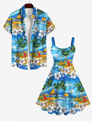 Coconut Tree Beach Floral Sea Wave Sailboat Print Dress and Button Pocket Shirt Plus Size Matching Hawaii Beach Outfit for Couples - LIGHT BLUE