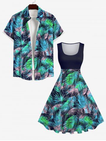 Palm Tree Leaf Print 1950's Vintage Dress and Buttons Pocket Shirt Plus Size Matching Hawaii Beach Outfit for Couples - BLACK