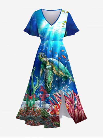 Hawaii Plus Size Turtle Fish Coral Sea Creatures Underwater World Glitter Sunlight Print Split A Line Dress - BLUE - S