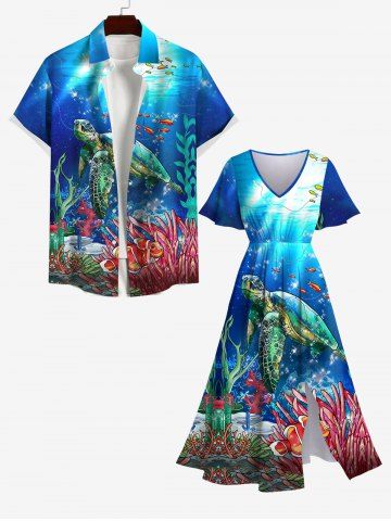 Turtle Fish Coral Underwater World Print Split Hawaii Sea Creatures Dress and Shirt Plus Size Matching Hawaii Beach Outfit